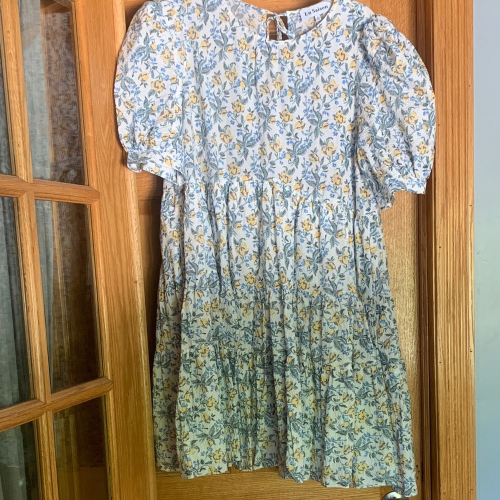 La Femme Blue and Yellow Floral Mini Dress